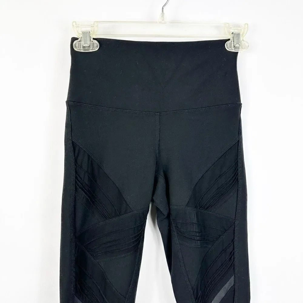 Alo Black Leggings High Rise Sheer Mesh Legs Pin Tuck Size XS Inseam 28